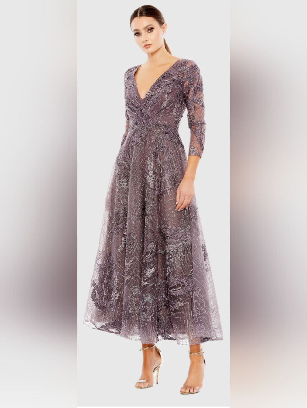 Mac Duggal Lavender Lace A-Line V-Neck Dress